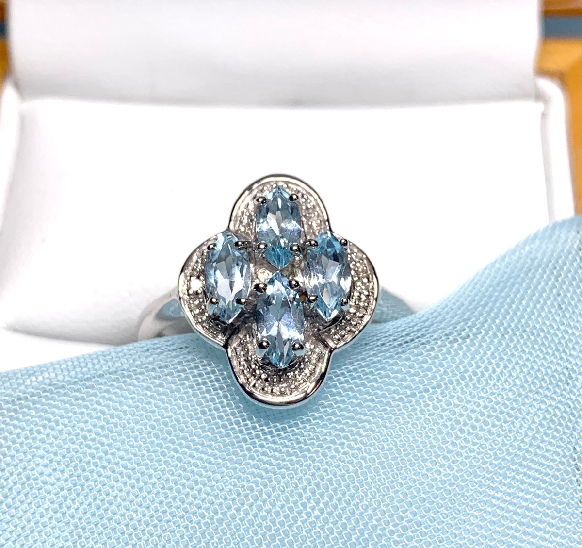 Blue topaz diamond sterling silver marquise cut cluster ring
