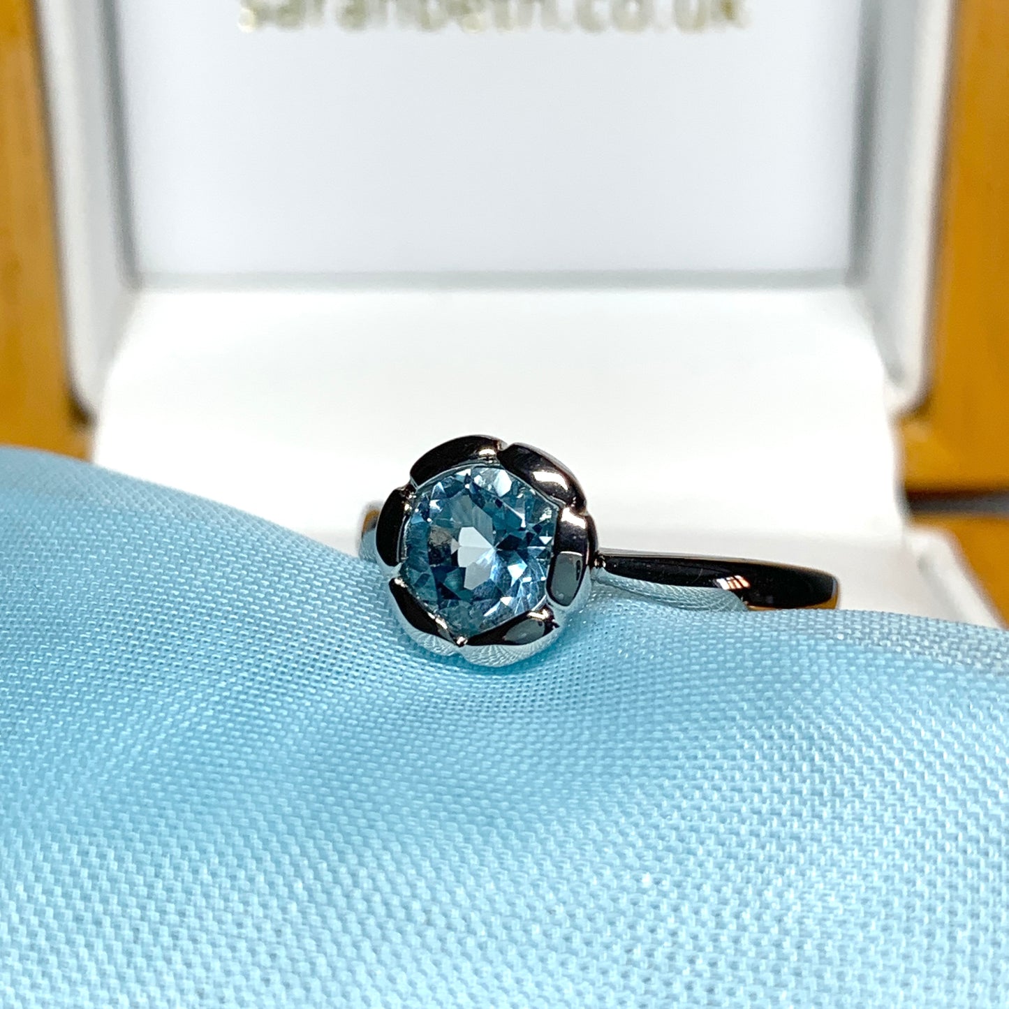 Real blue topaz dress ring ladies fancy flower edged round