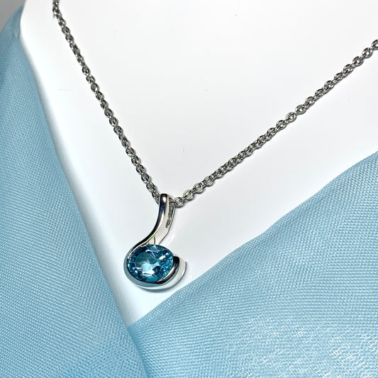 Real blue topaz necklace oval fancy swirl sterling silver