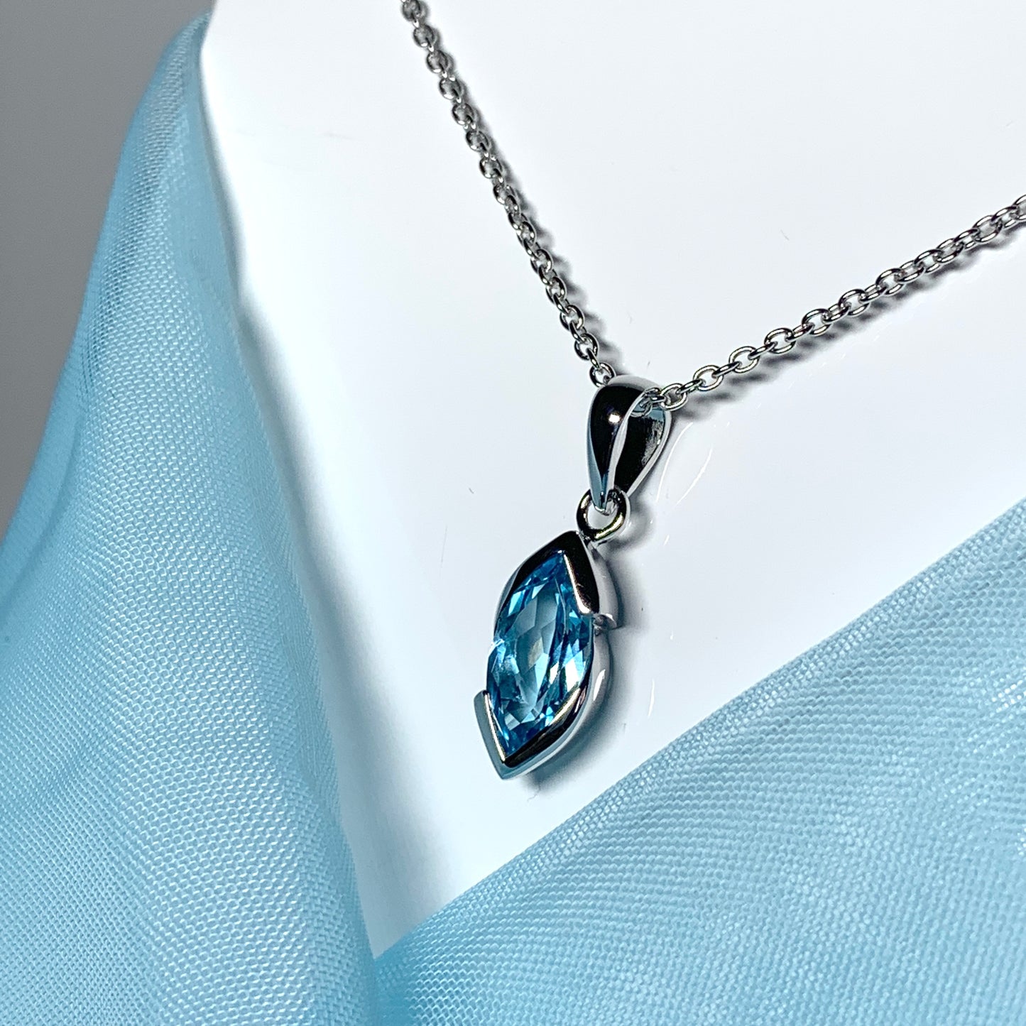 Real blue topaz necklace pendant marquise smooth rubbed over setting