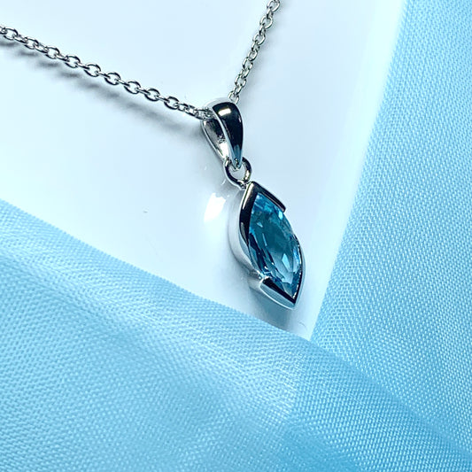 Real blue topaz necklace pendant marquise smooth rubbed over setting