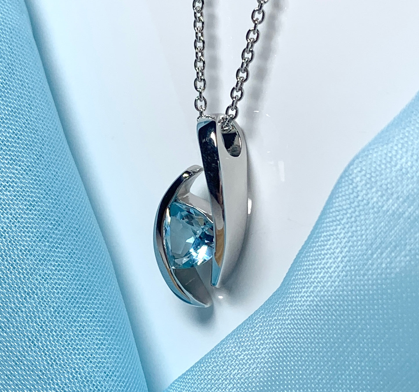 Real blue topaz necklace pendant triangle smooth rubbed over setting