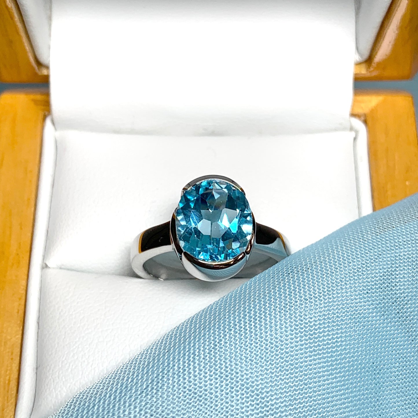 Real blue topaz oval dress ring sterling silver