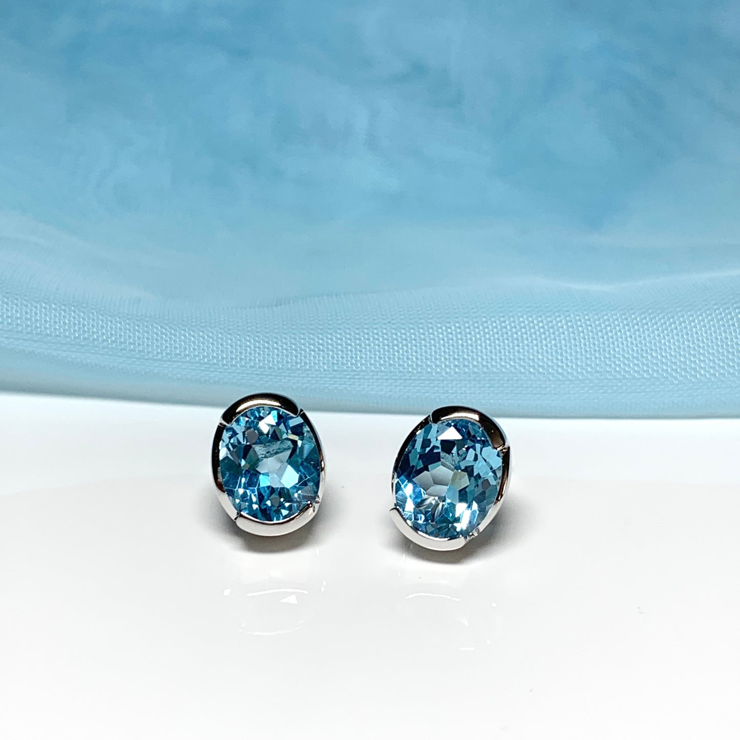 Real blue topaz oval stud earrings fancy sterling silver