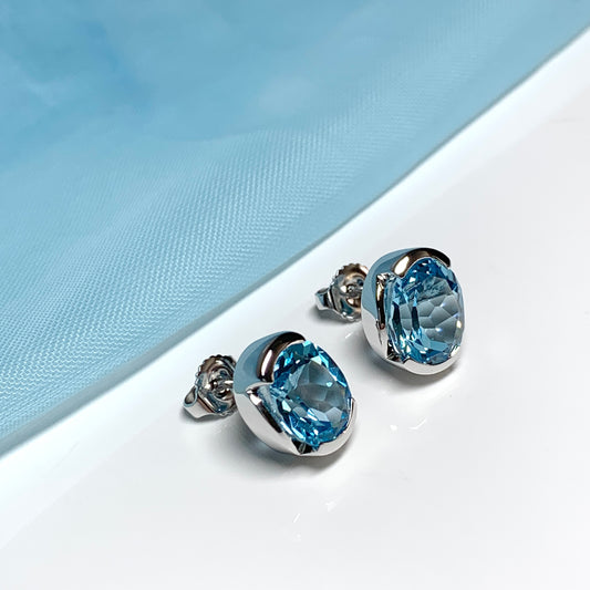 Real blue topaz oval stud earrings fancy sterling silver