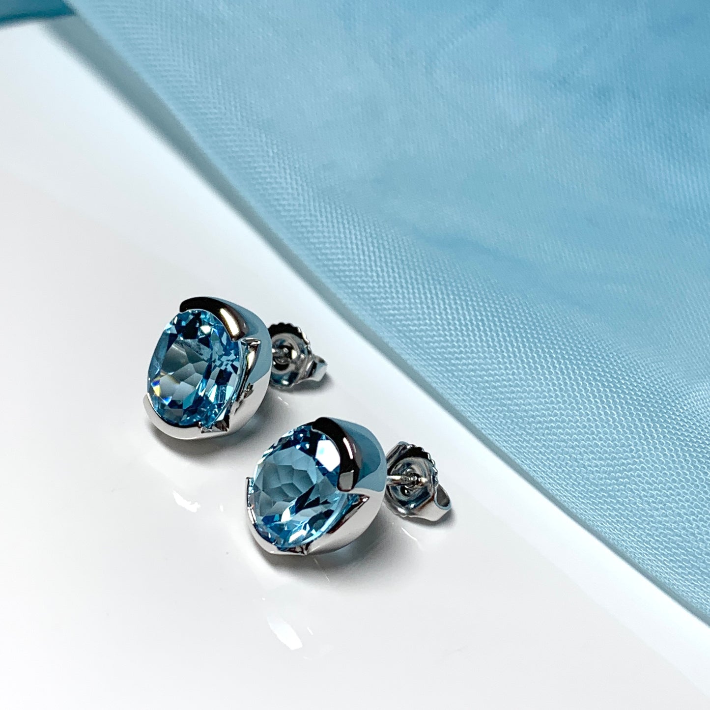 Real blue topaz oval stud earrings fancy sterling silver