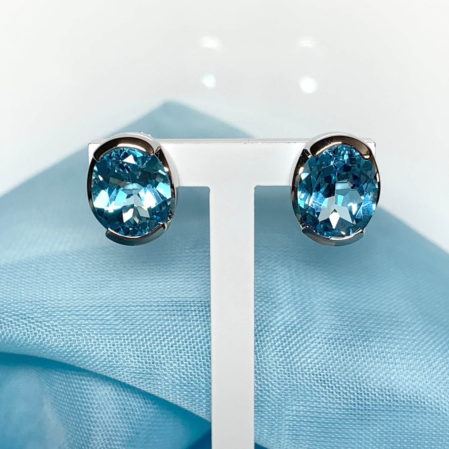 Real blue topaz oval stud earrings fancy sterling silver