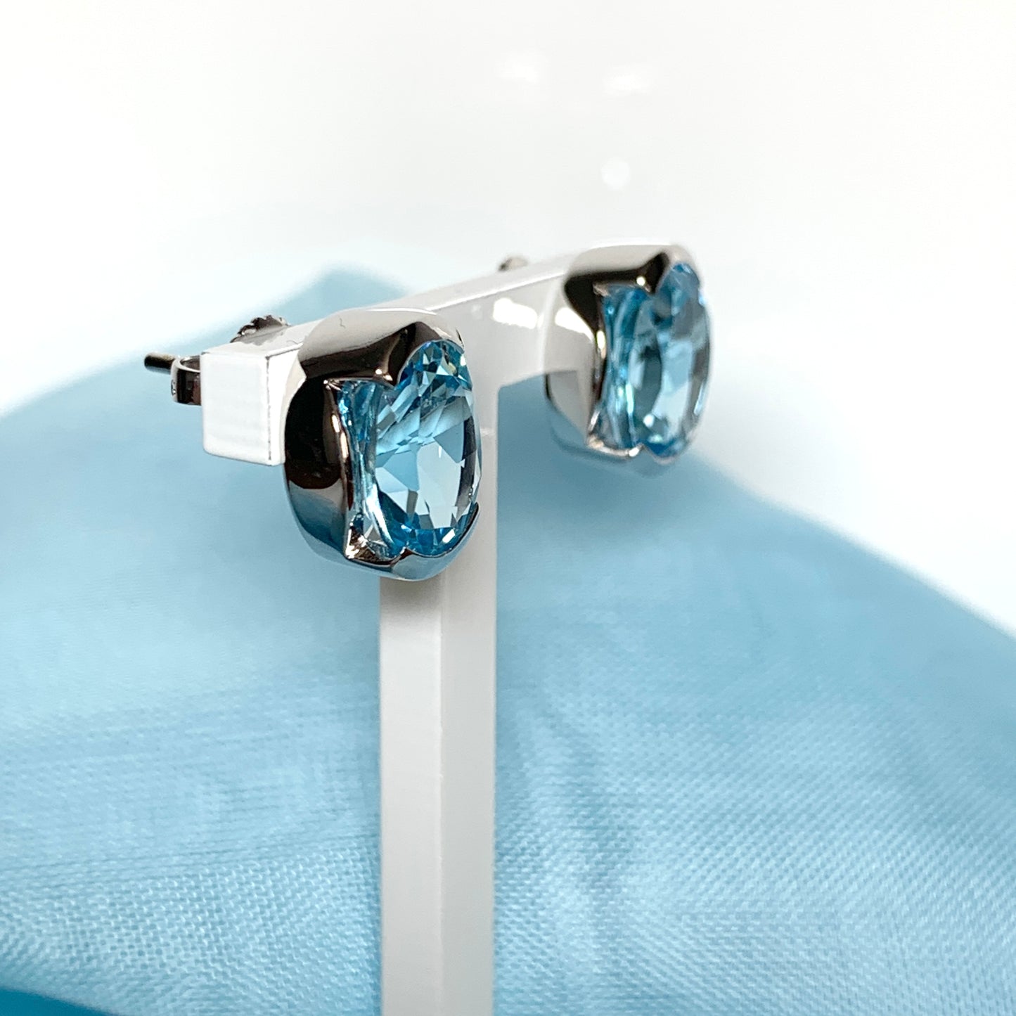 Real blue topaz oval stud earrings fancy sterling silver