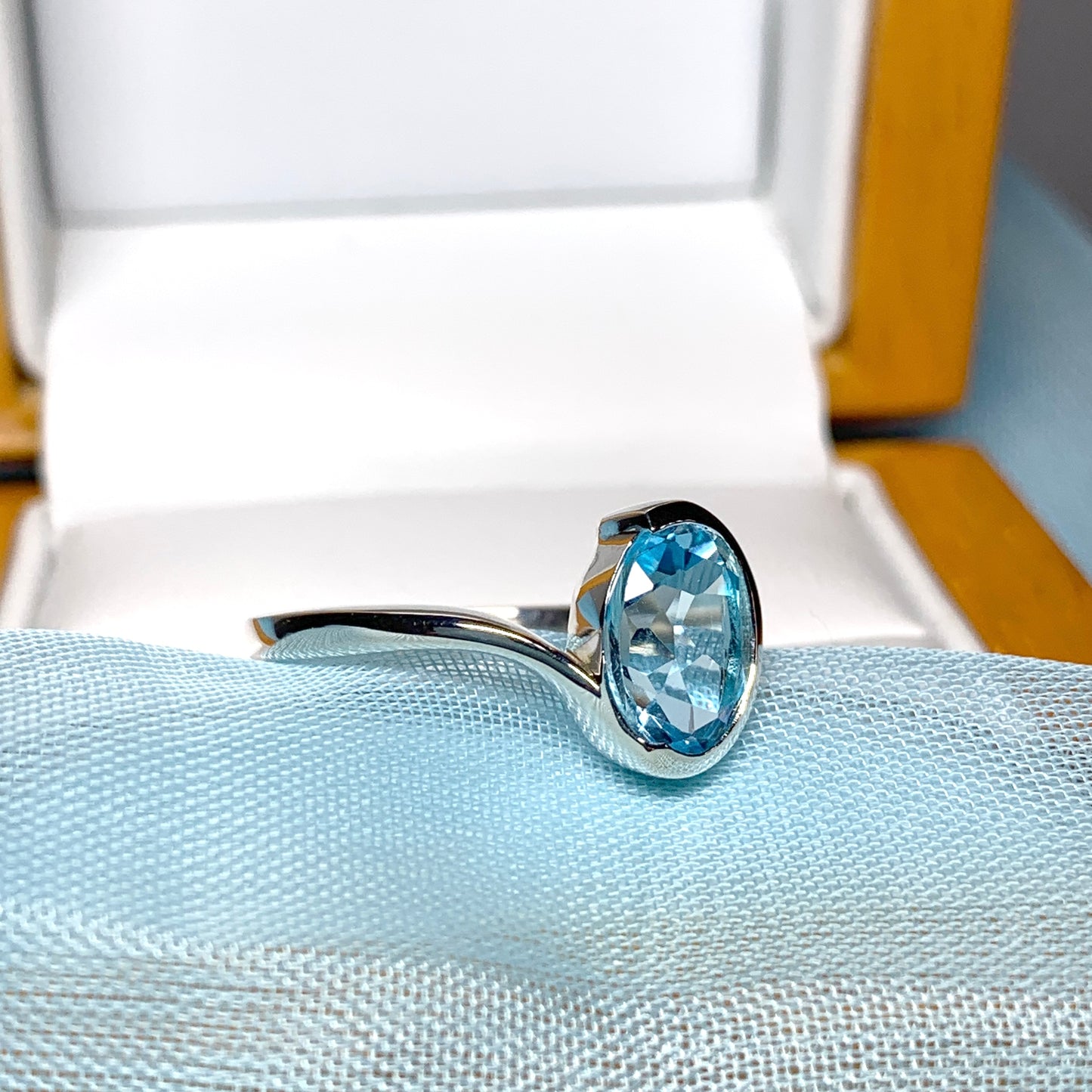 Real blue topaz ring fancy oval swirl sterling silver