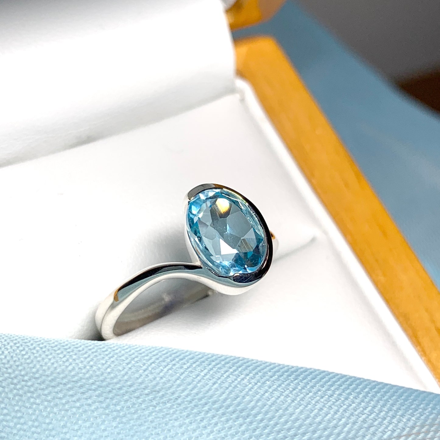 Real blue topaz ring fancy oval swirl sterling silver