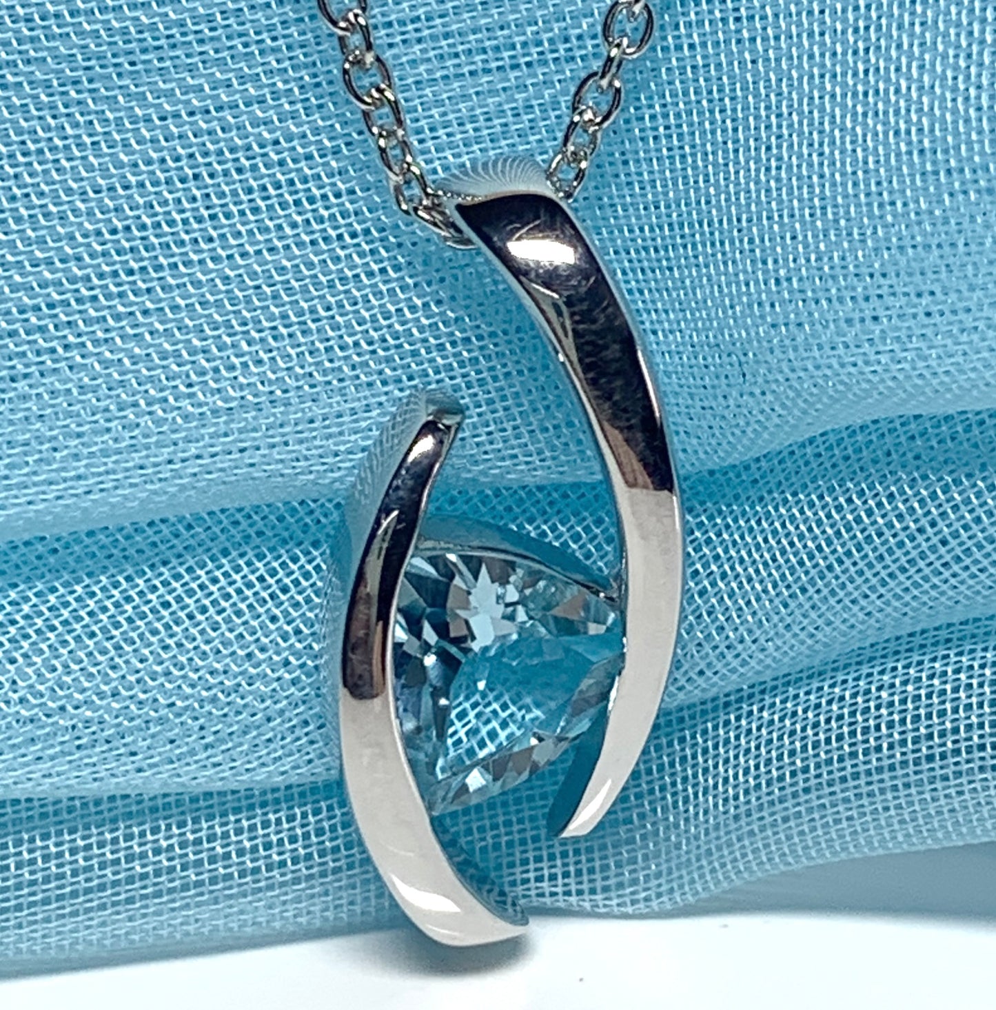 Real blue topaz necklace pendant triangle smooth rubbed over setting