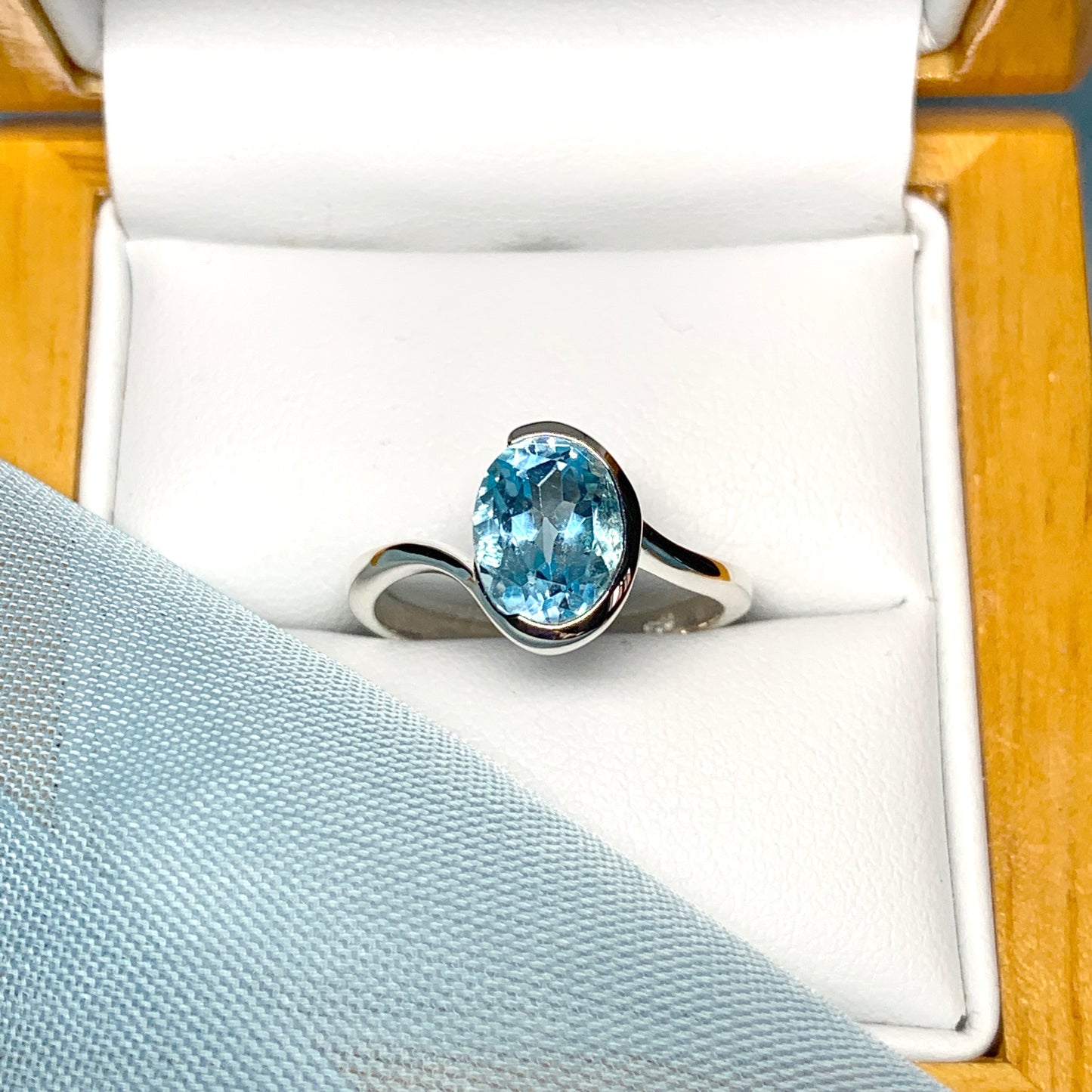 Real blue topaz ring fancy oval swirl sterling silver