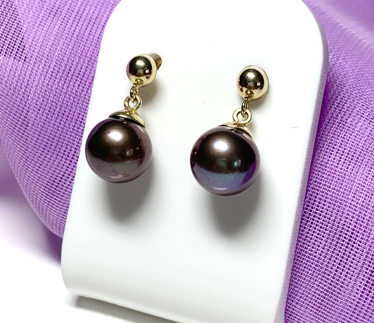 Real chocolate cultured pearl drop earrings freshwater yellow gold