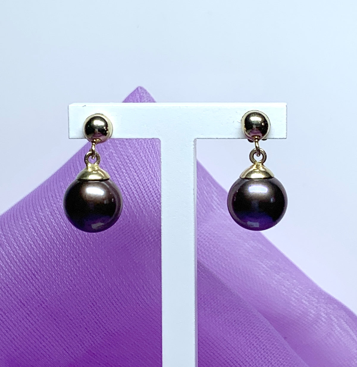 Real chocolate cultured pearl drop earrings freshwater yellow gold