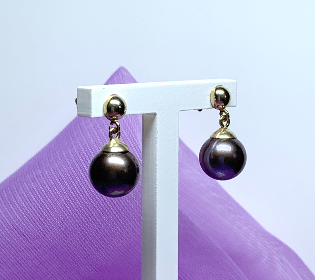 Real chocolate cultured pearl drop earrings freshwater yellow gold