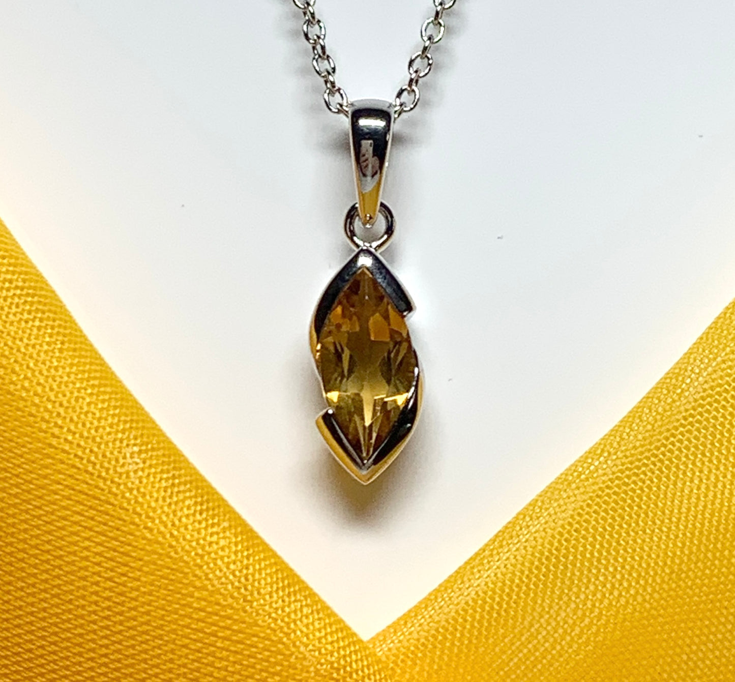 Real citrine necklace pendant marquise smooth rubbed over setting