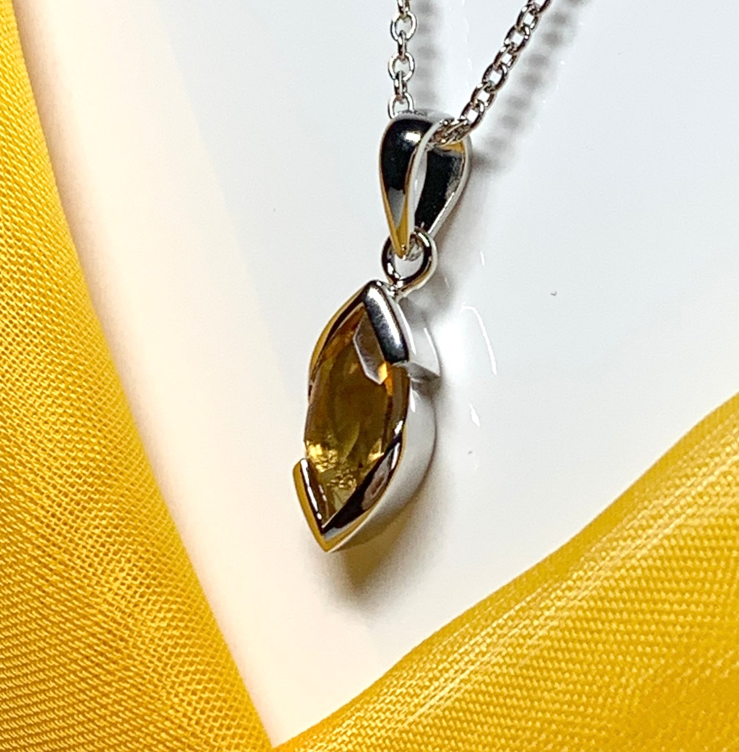 Real citrine necklace pendant marquise smooth rubbed over setting