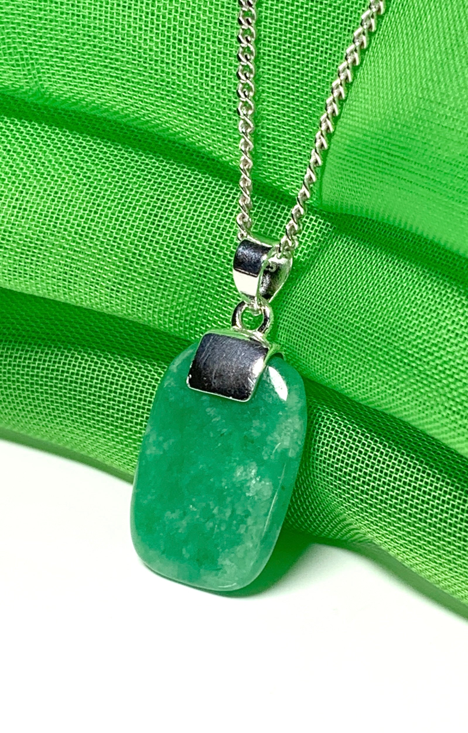 Real cushion shaped green jade necklace sterling silver