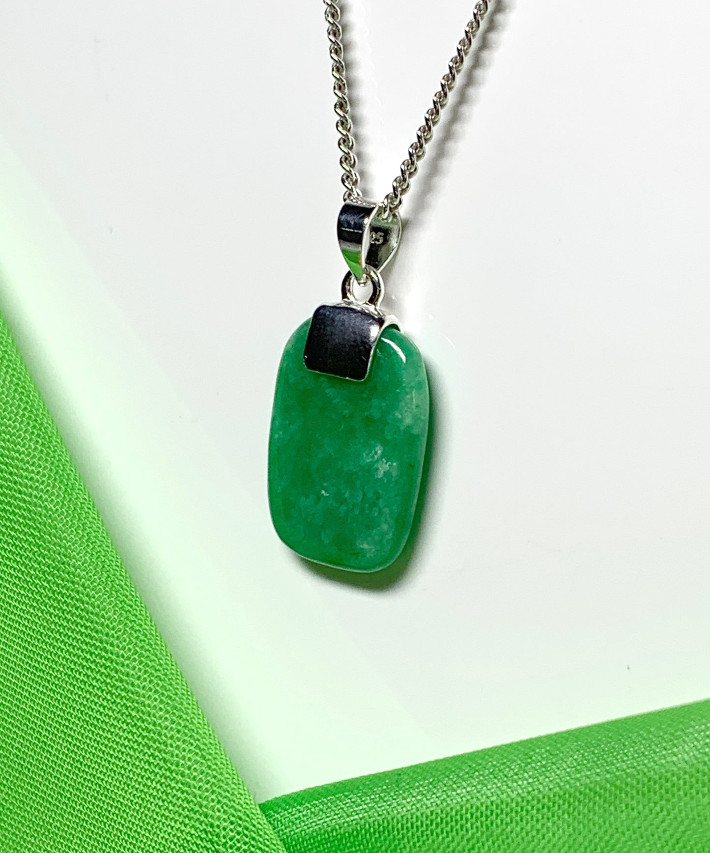 Real cushion shaped green jade necklace sterling silver