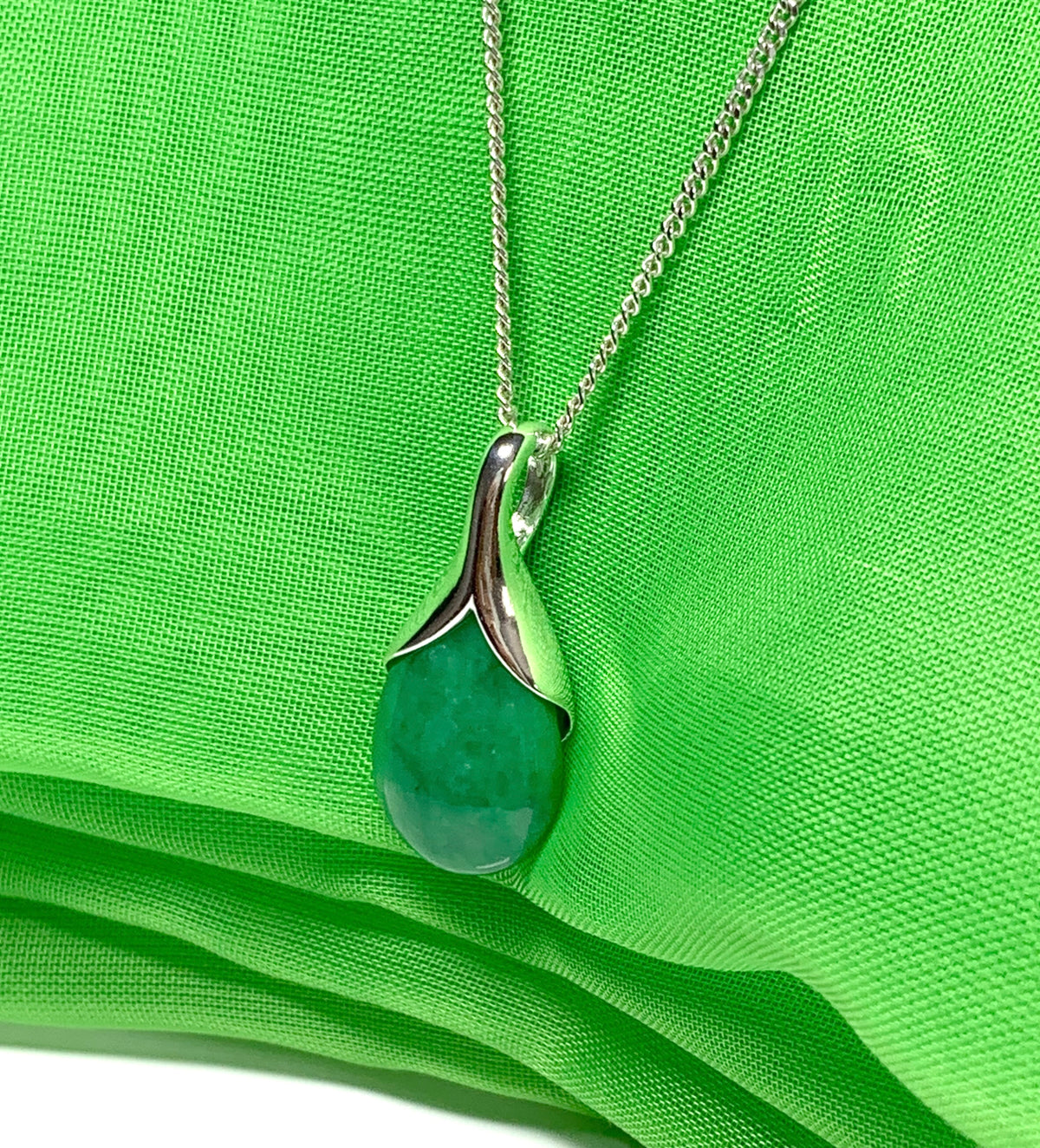 Real dark green jade necklace tear drop sterling silver pear shape pendant