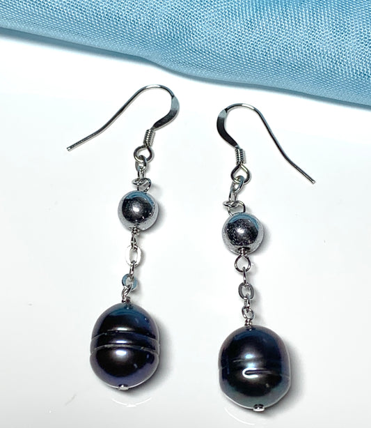 Real freshwater grey black pearl drop earrings sterling silver