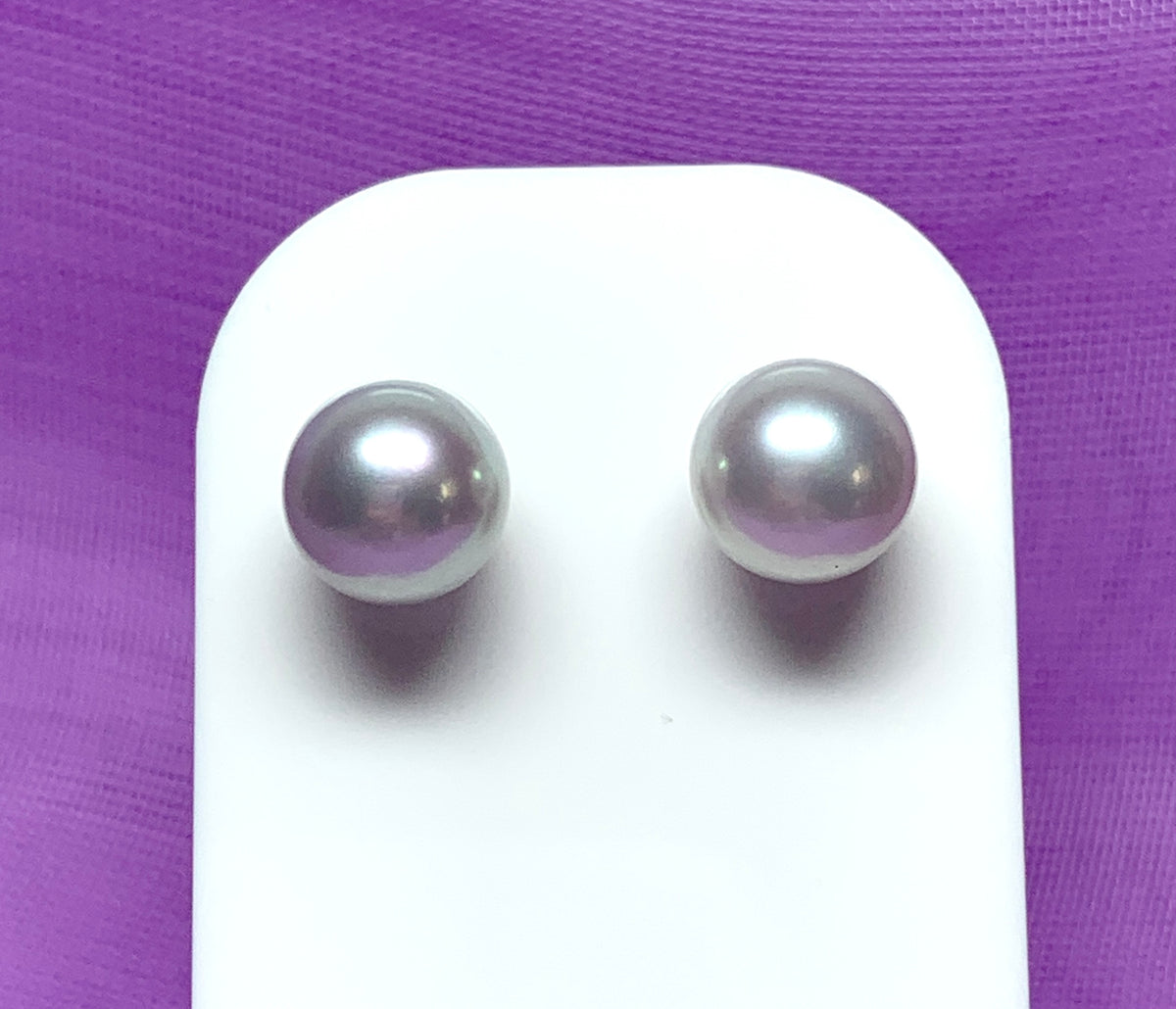 Real freshwater cultured light grey pearl white gold stud earrings
