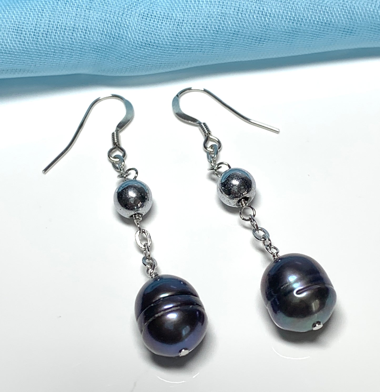 Real freshwater grey black pearl drop earrings sterling silver