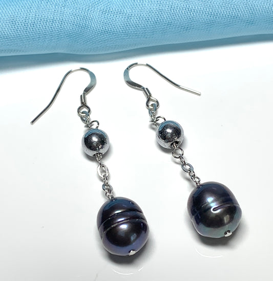 Real freshwater grey black pearl drop earrings sterling silver