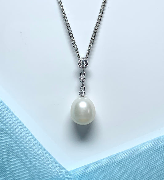 Real freshwater pearl and cubic zirconia sterling silver necklace drop pendant