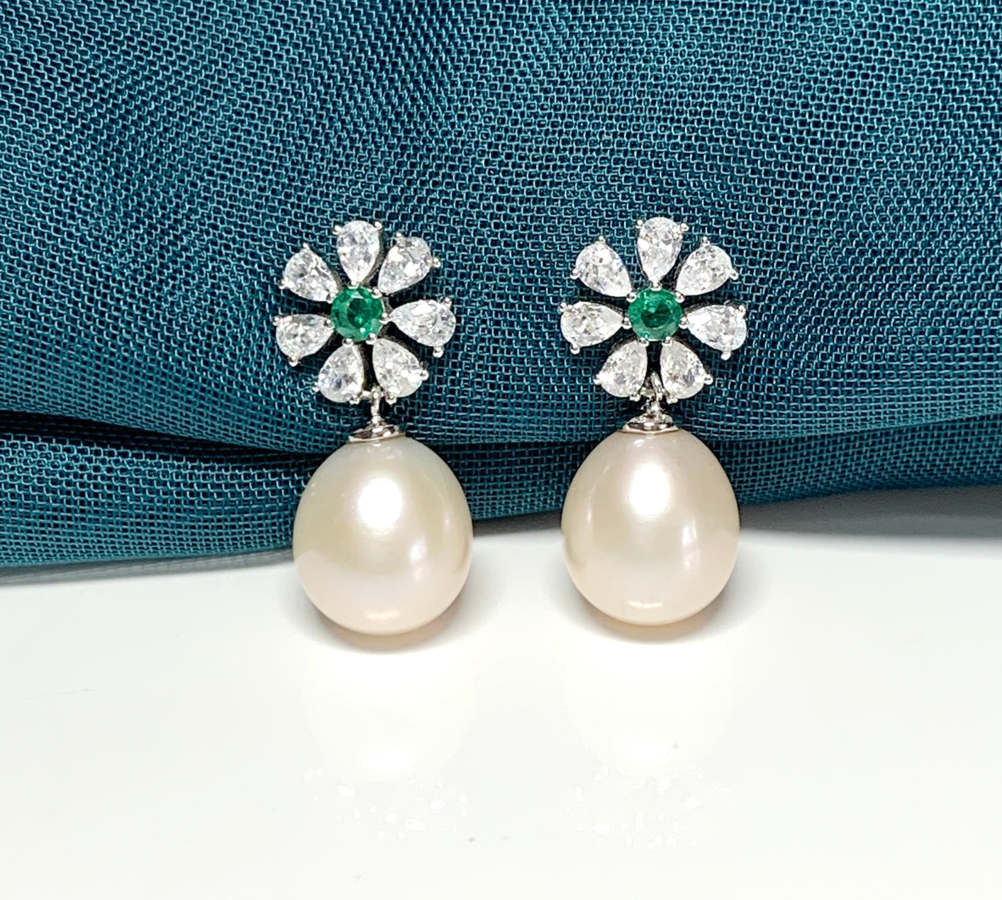 Real freshwater pearl green and white cubic zirconia flower petal silver drop earrings