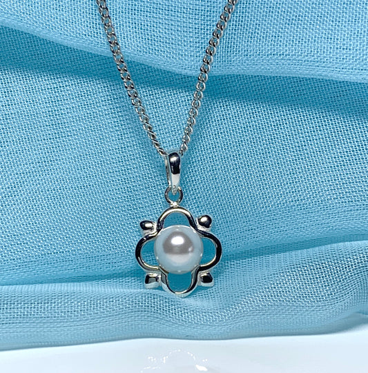 Real freshwater pearl open flower petal sterling silver necklace pendant