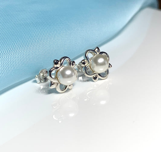 Real freshwater pearl open flower petal sterling silver stud earrings