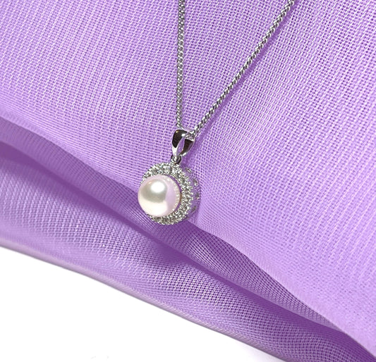 Real freshwater pearl sterling silver round necklace cubic zirconia