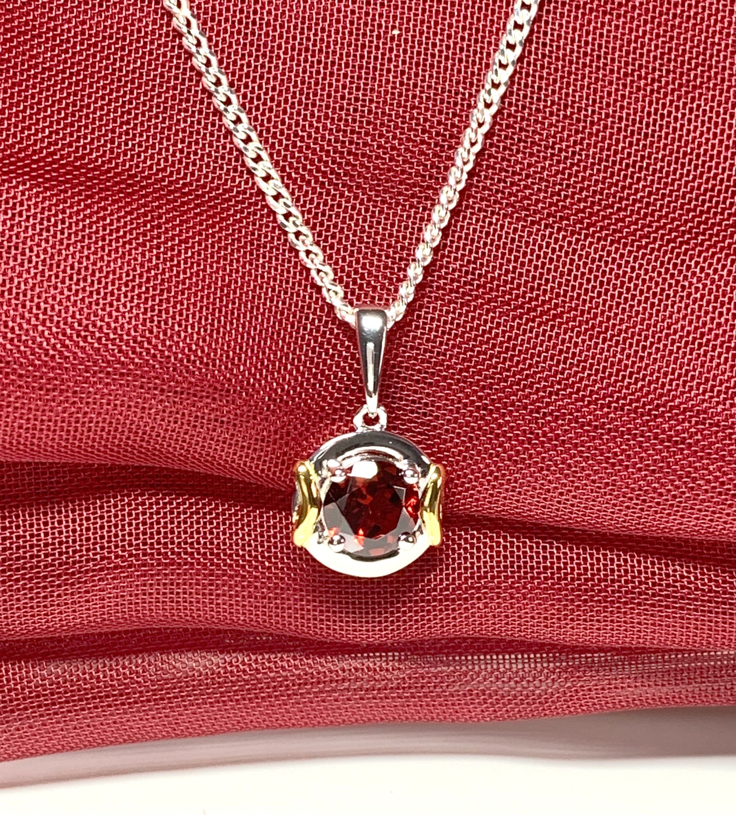 Real garnet necklace two tone sterling silver silver gilt pendant
