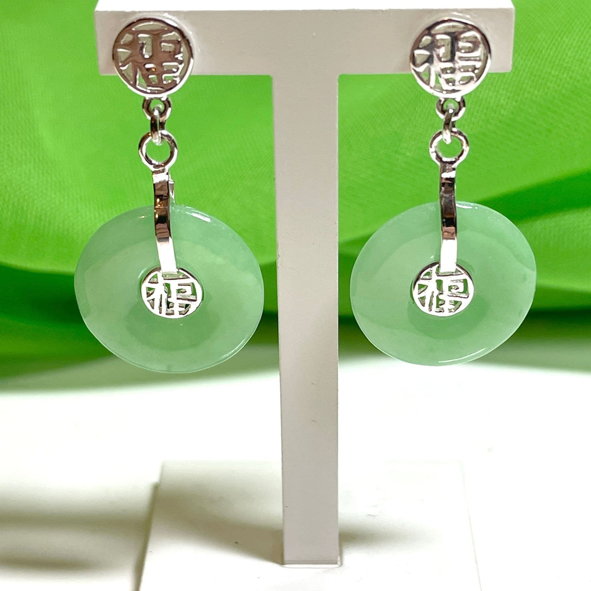 Real green jade drop earrings silver round