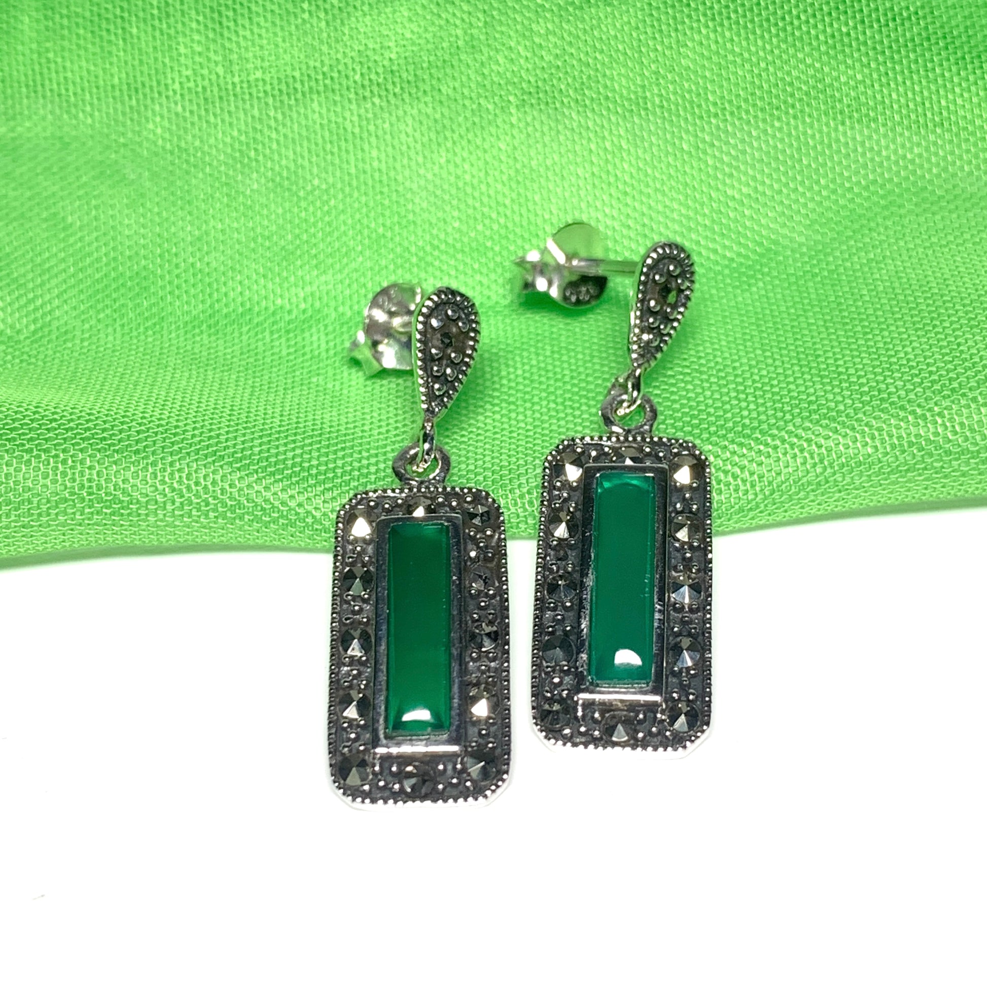 Real green agate and marcasite drop earrings sterling silver