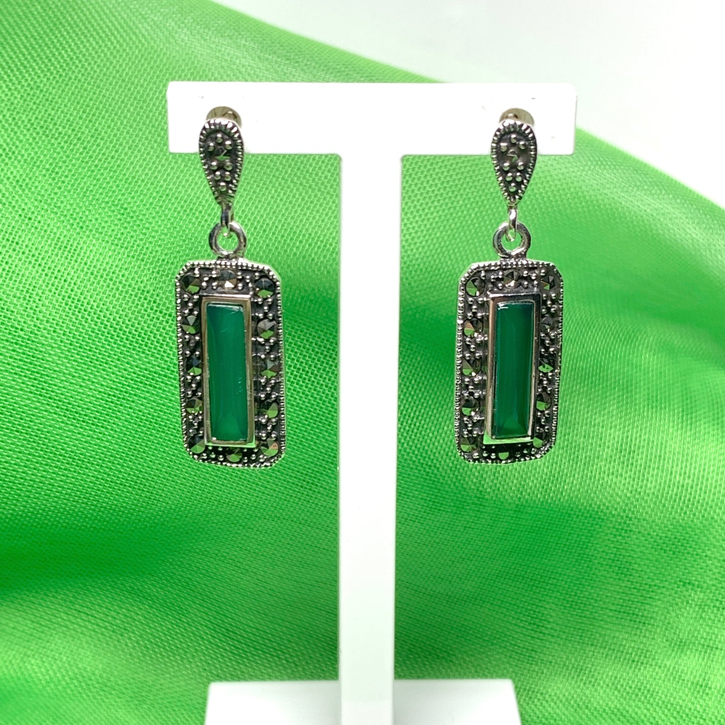 Real green agate and marcasite drop earrings sterling silver