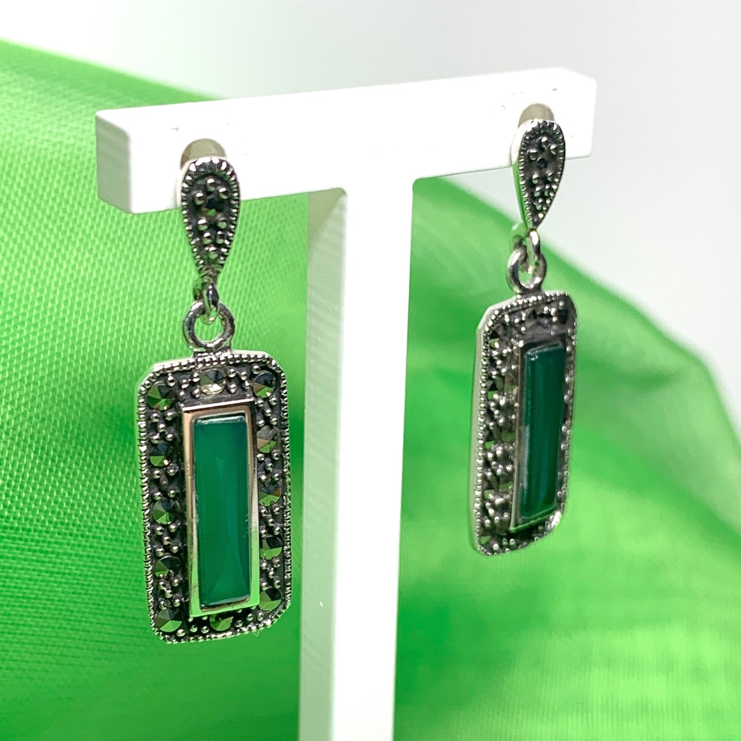 Real green agate and marcasite drop earrings sterling silver