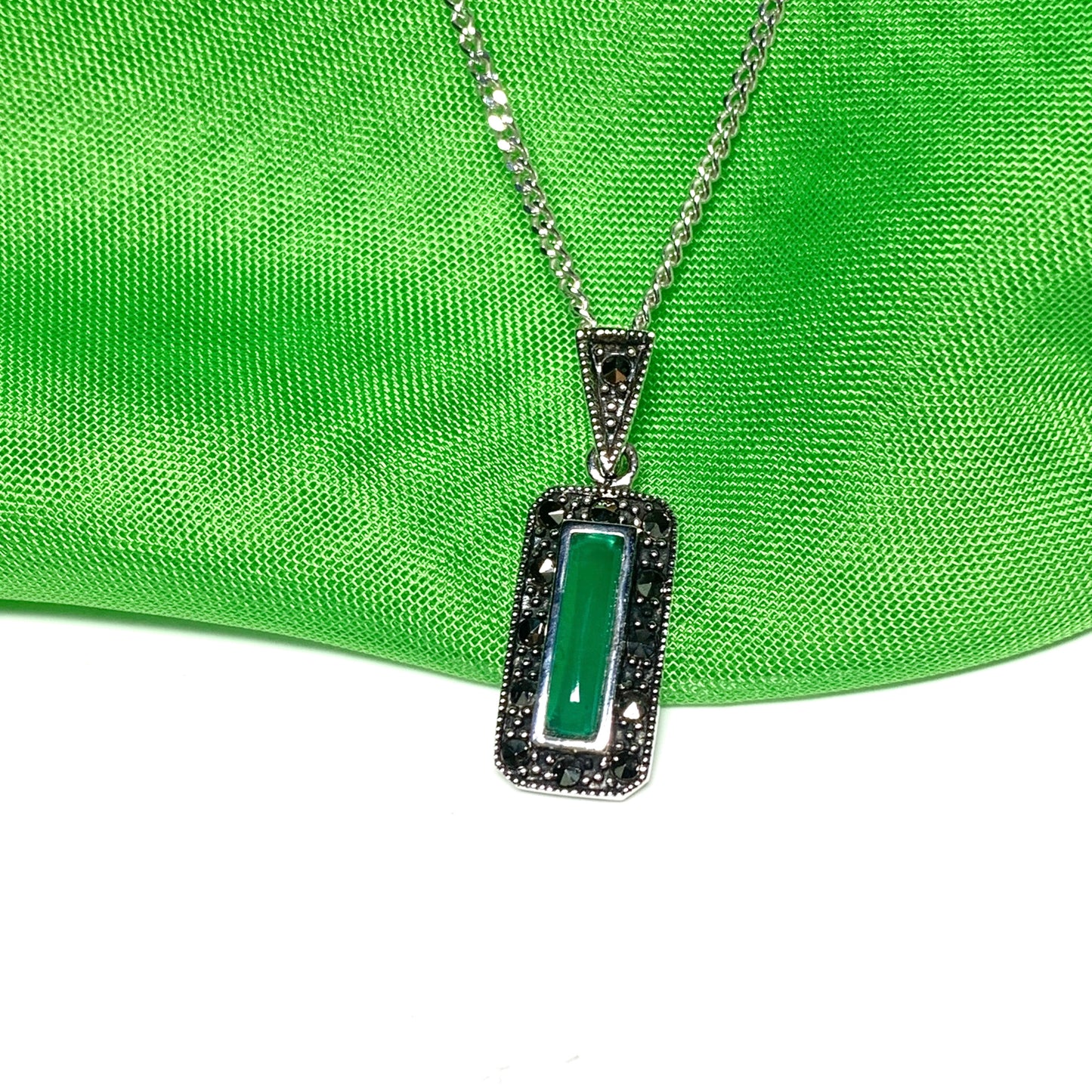 Real green agate and marcasite necklace pendant sterling silver
