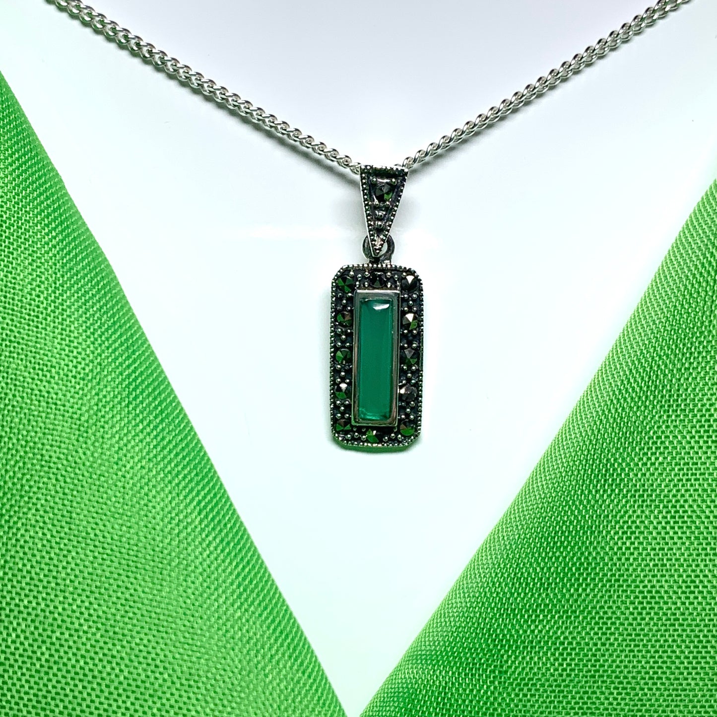 Real green agate and marcasite necklace pendant sterling silver