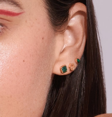 Real green agate and real diamond stud earrings gold plated sterling silver