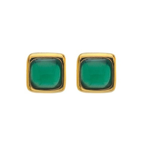 Real green agate and real diamond stud earrings gold plated sterling silver