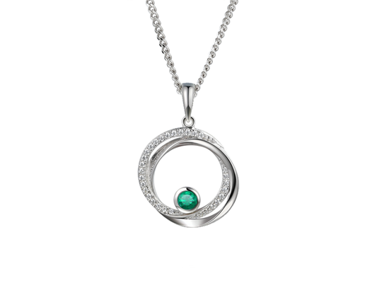 Real green emerald and cubic zirconia round necklace swirl pendant