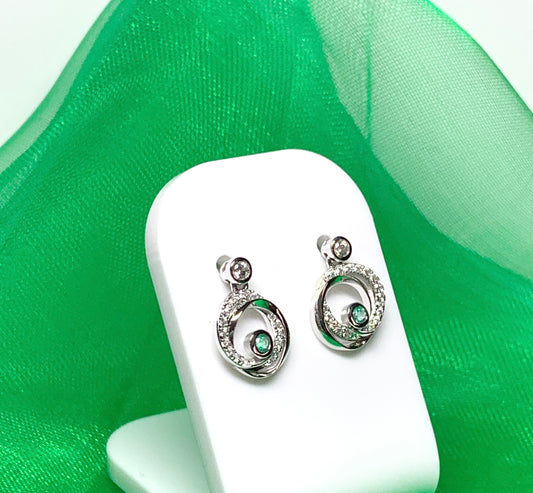 Real green emerald and cubic zirconia round swirl stud earrings