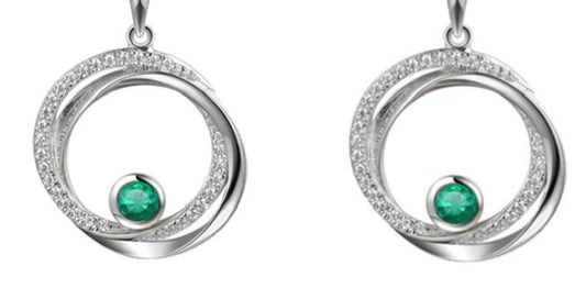 Real green emerald and cubic zirconia round swirl stud earrings