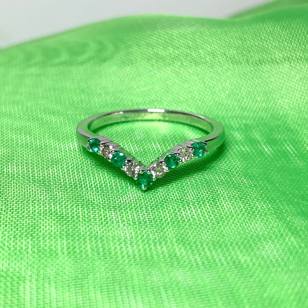 Real emerald and diamond wishbone ring white gold