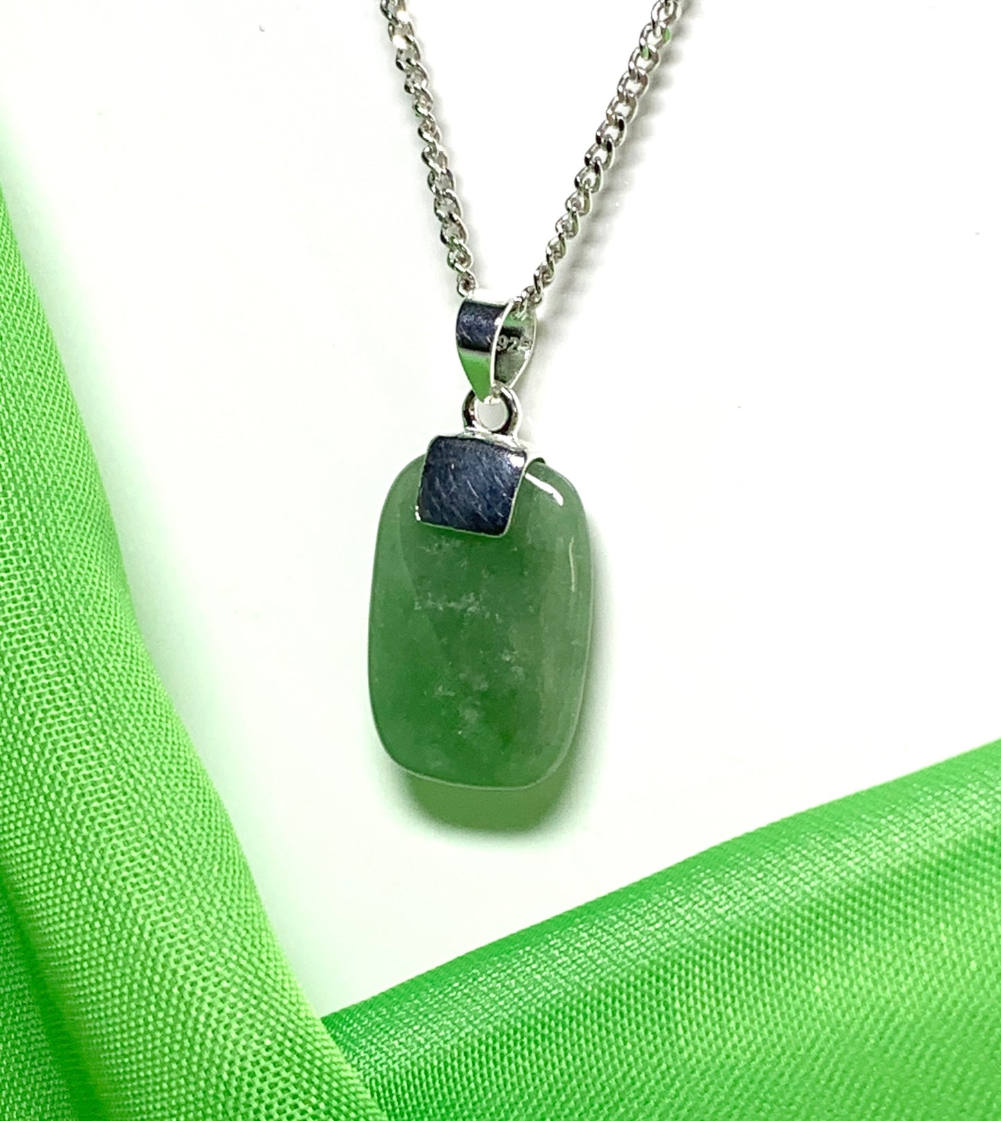 Real green jade necklace cushion shaped silver