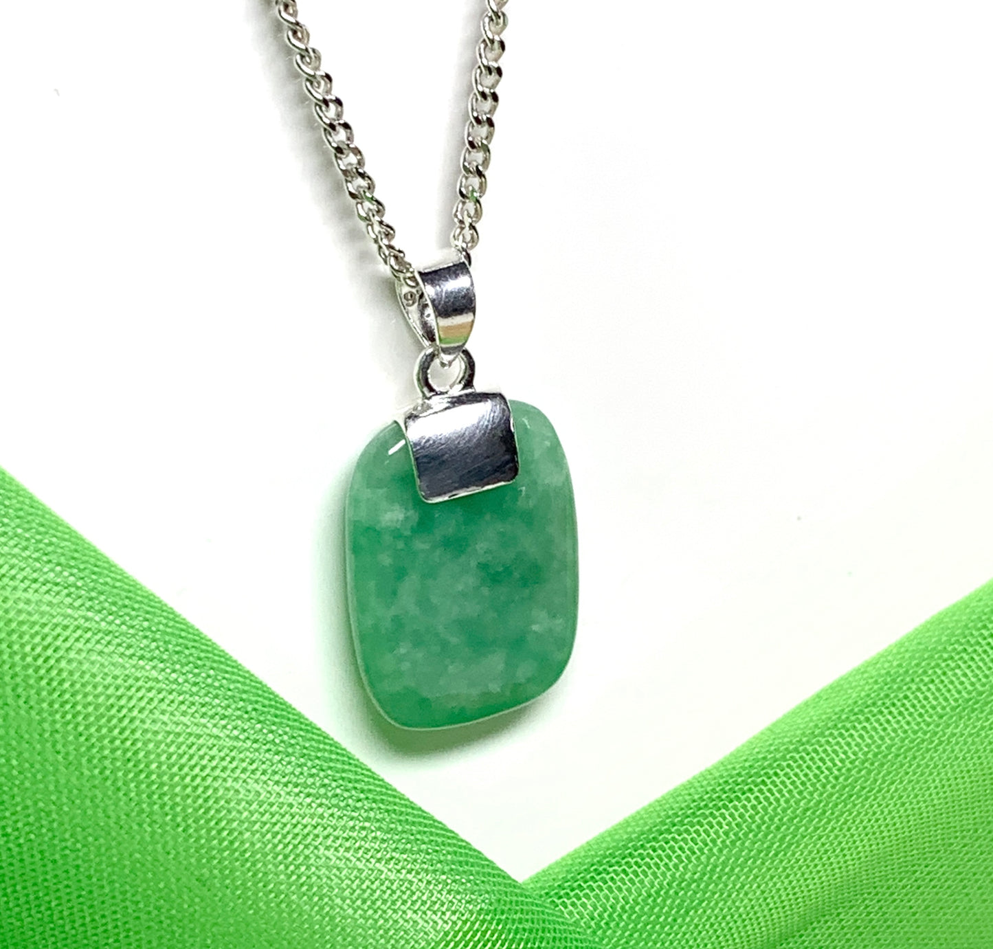 Real green jade necklace cushion shaped silver mottled stone