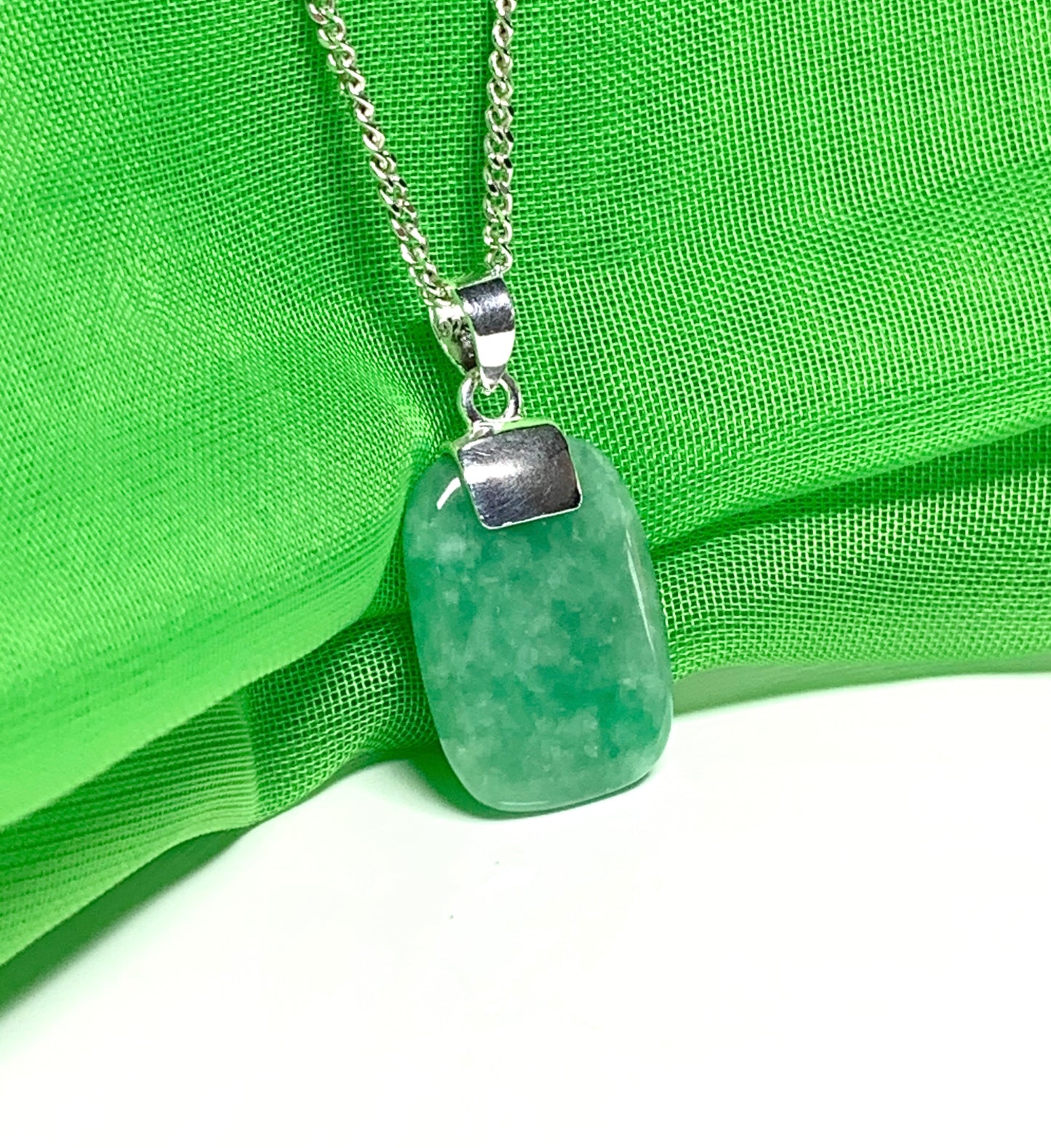 Real green jade necklace cushion shaped silver mottled stone