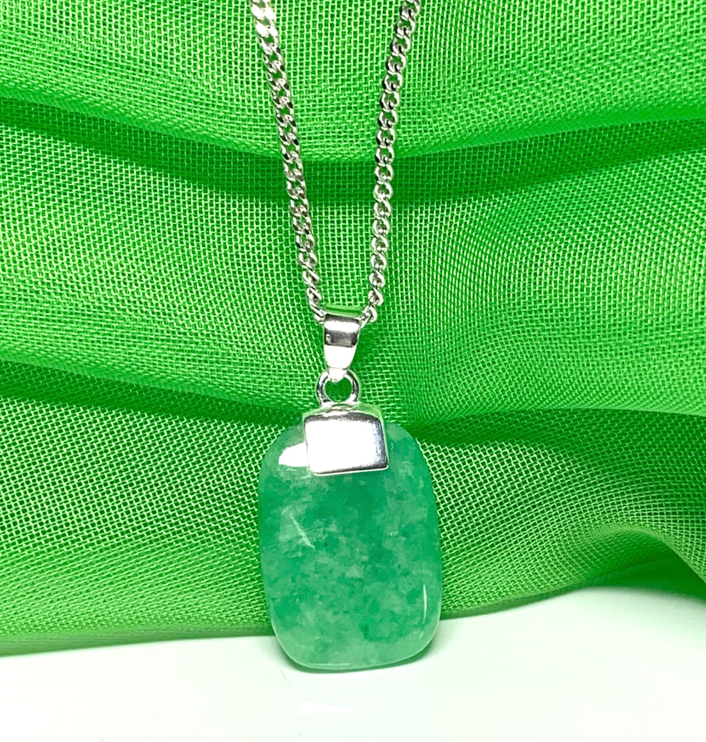 Real green jade necklace cushion shaped stone pendant sterling silver including chain